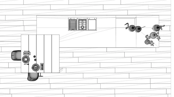 Blueprint project draft, minimalist kitchen, island, table, stools and open cabinet with accessories, window, bamboo, hydroponic vases, parquet , interior design concept idea, top view — Stock Photo, Image