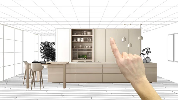 Ofullbordat projekt, under konstruktion utkast, koncept inredning skiss, hand pekar verkligt modernt vitt kök med Blueprint bakgrund, arkitekt och designer idé — Stockfoto