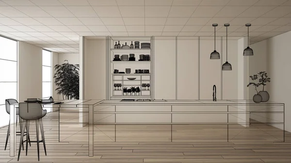 Interior branco vazio com piso em parquet e paredes brancas, projeto de design de arquitetura personalizada, esboço de tinta preta, planta mostrando cozinha moderna, conceito, mock-up, ideia de arquiteto — Fotografia de Stock
