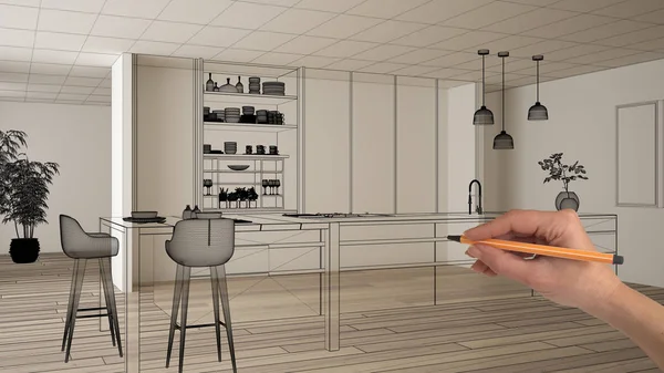 Interior blanco vacío con suelo de parquet y paredes blancas, dibujo a mano diseño de arquitectura personalizado, boceto de tinta negra, plano que muestra cocina minimalista moderna, concepto, maqueta, idea — Foto de Stock