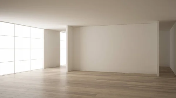 Diseño interior de habitación vacía, espacio abierto con paredes blancas, estilo moderno, suelo de parquet de madera, arquitectura contemporánea minimalista, concepto, maqueta, idea de arquitectura — Foto de Stock