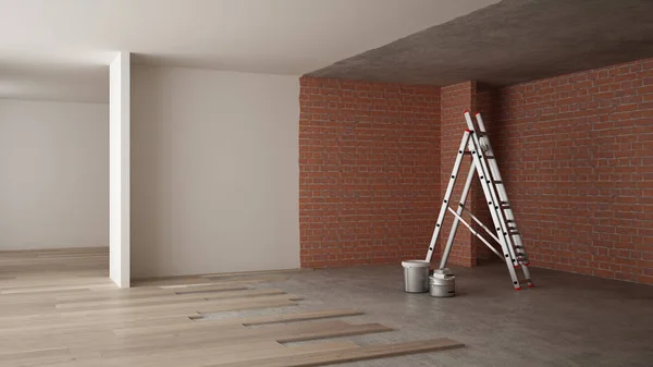 Casa renovação, processo de reestruturação, reparação e pintura de parede, conceito de construção. Paredes de tijolo e pintadas, piso em parquet, assentamento e cobertura de paredes, arquitetura de design de interiores — Fotografia de Stock