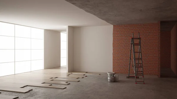 Casa renovação, processo de reestruturação, reparação e pintura de parede, conceito de construção. Paredes de tijolo e pintadas, piso em parquet, assentamento e cobertura de paredes, arquitetura de design de interiores — Fotografia de Stock