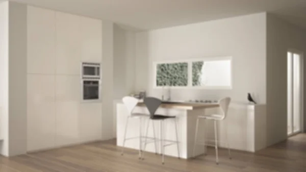 Rozmazávat interiérový design, minimalistická bílá kuchyně s jídelním stolem a parketovou podlahou, umyvadlo a plynový sporák, okno s pásem, moderní současný byt — Stock fotografie