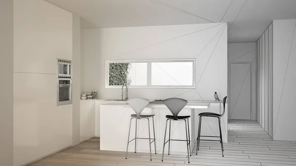 Arquiteto conceito de designer de interiores: projeto inacabado que se torna real, cozinha branca minimalista com mesa de jantar e piso em parquet, pia do forno e fogão a gás, ideia de design moderno — Fotografia de Stock