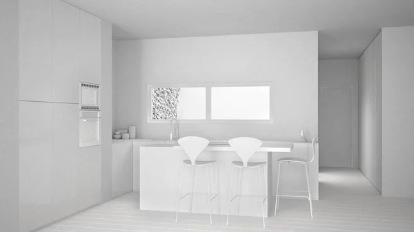 Total white project of minimalist white kitchen with dining table and parquet floor, oven sink and gas stove, ribbon window, modern contemporary apartment, interior design concept — Stock Photo, Image