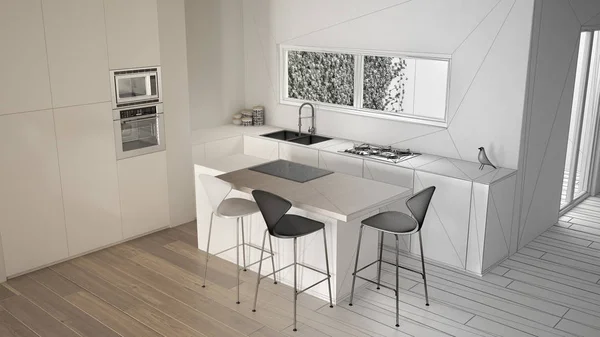 Architect interior designer concept: unfinished project that becomes real, minimalist white kitchen with dining table and parquet floor, oven sink and gas stove, design idea, top view