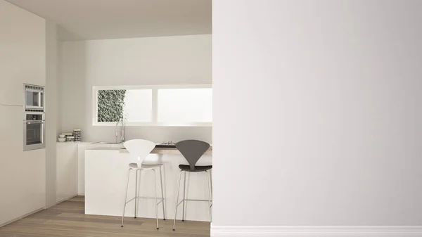 Moderní bílé a dřevěné kuchyně s ostrovem a stolici na popředí zeď, interiérový design architektury nápad, koncepce výrobních řad s kopie prostoru, prázdné pozadí — Stock fotografie