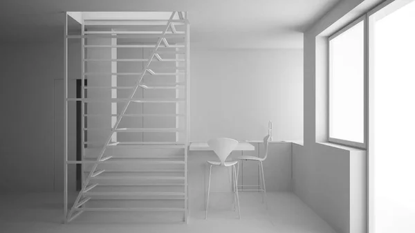 Projeto branco total projecto de sala de estar minimalista, cozinha e escada moderna branca com degraus de madeira, piso em parquet, janela grande, conceito de design de interiores contemporânea, arquitetura — Fotografia de Stock