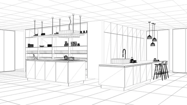 청사진 프로젝트 초안, 미니멀 한 고급 비싼 흰색 부엌, 섬, 싱크대와 호브, 열린 공간, 창, 대리석 세라믹 바닥, 현대적인 인테리어 디자인 건축 개념 아이디어 — 스톡 사진