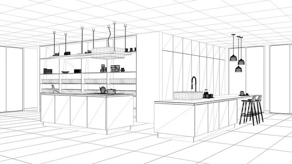 Blueprint project draft, minimalist luxury expensive white kitchen, island, sink and hob, open space, window, marble ceramic floor, modern interior design architecture concept idea