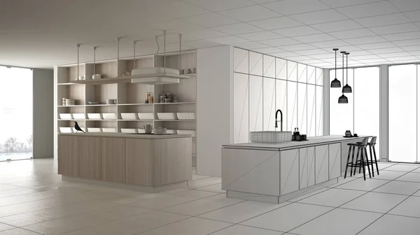 Концепция архитектора интерьера: незавершенный проект, который становится реальным, минималистская роскошь дорогая белая и деревянная кухня, открытое пространство, современная концепция дизайна интерьера — стоковое фото