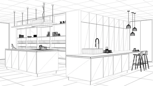 Blueprint projekt tervezet, minimalista luxus drága fehér konyha, sziget, mosogató és főzőlap, nyitott tér, ablak, márvány kerámia padló, modern belsőépítészeti építészet koncepció ötlet — Stock Fotó