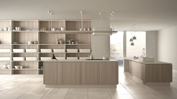 Minimalista lujo caro cocina blanca y de madera, isla, fregadero y placa de gas, espacio abierto, ventana panorámica, suelo de cerámica de mármol, idea de concepto de arquitectura de diseño interior moderno — Foto de Stock