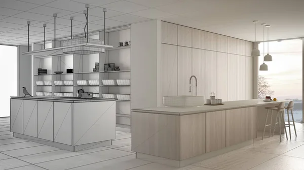 Arquitecto concepto de diseñador de interiores: proyecto inacabado que se convierte en real, minimalista de lujo costosa cocina blanca y de madera, espacio abierto, idea moderna concepto de diseño de interiores — Foto de Stock