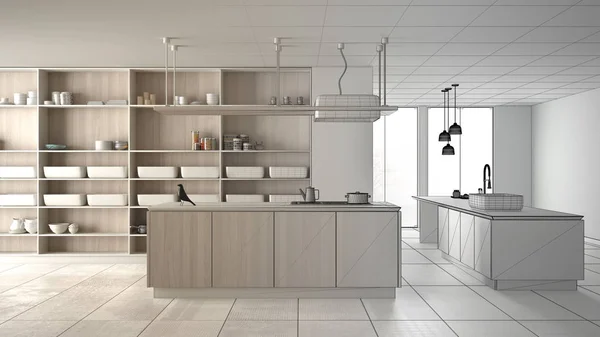 Arquitecto concepto de diseñador de interiores: proyecto inacabado que se convierte en real, minimalista de lujo costosa cocina blanca y de madera, espacio abierto, idea moderna concepto de diseño de interiores — Foto de Stock