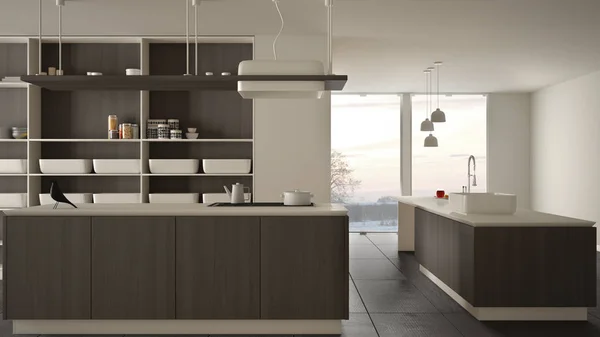 Minimalista lusso costoso bianco e cucina in legno, isola, lavello e forno a gas, open space, finestra panoramica, pavimento in marmo ceramica, moderno concetto di architettura d'interni — Foto Stock