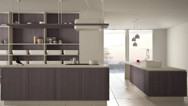 Μινιμαλιστική πολυτέλεια ακριβό λευκό και μωβ ξύλινη κουζίνα, νησί, νεροχύτη και εστία, ανοιχτός χώρος, πανοραμικό παράθυρο, μαρμάρινο κεραμικό δάπεδο, μοντέρνα εσωτερική διακόσμηση αρχιτεκτονικής ιδέα — Φωτογραφία Αρχείου