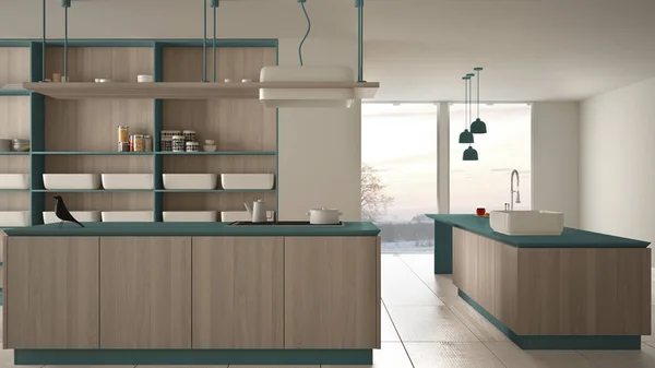 Minimalista lujo caro cocina azul y de madera, isla, fregadero y placa de gas, espacio abierto, ventana panorámica, suelo de cerámica de mármol, idea de concepto de arquitectura de diseño interior moderno — Foto de Stock