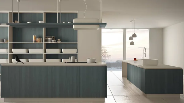 Minimalista lujo caro blanco y azul cocina de madera, isla, fregadero y vitrocerámica, espacio abierto, ventana panorámica, suelo de cerámica de mármol, idea de concepto de arquitectura de diseño interior moderno — Foto de Stock