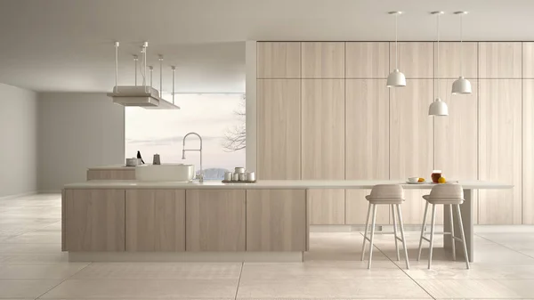 Μινιμαλιστική πολυτέλεια ακριβό λευκό και ξύλινο κουζίνα, νησί, νεροχύτης και εστία αερίου, ανοιχτός χώρος, πανοραμικό παράθυρο, μαρμάρινο κεραμικό δάπεδο, μοντέρνα εσωτερική διακόσμηση αρχιτεκτονικής ιδέα — Φωτογραφία Αρχείου