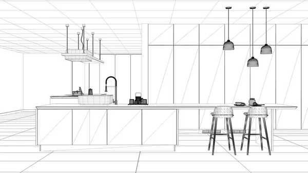 Projet de projet de projet, luxe minimaliste cuisine blanche coûteuse, îlot, évier et plaque de cuisson, espace ouvert, fenêtre, sol en céramique de marbre, idée de concept d'architecture d'intérieur moderne — Photo