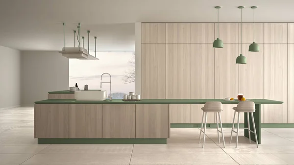 Minimalistische luxe dure groene en houten keuken, eiland, gootsteen en gaskookplaat, open ruimte, panoramisch raam, marmeren keramische vloer, moderne interieur design architectuurconcept idee — Stockfoto