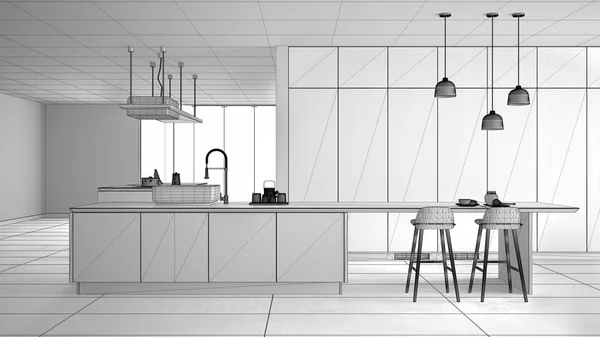 Befejezetlen projekt a minimalista luxus drága konyha, sziget, mosogató és gáz főzőlap, nyitott tér, kerámia padló, modern belsőépítészeti építészet koncepció ötlet — Stock Fotó