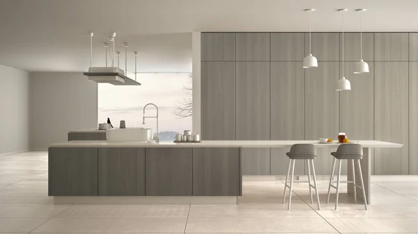 Μινιμαλιστική πολυτέλεια ακριβό λευκό και γκρι ξύλινη κουζίνα, νησί, νεροχύτη και εστία, ανοιχτός χώρος, πανοραμικό παράθυρο, μαρμάρινο κεραμικό δάπεδο, μοντέρνα εσωτερική διακόσμηση αρχιτεκτονικής ιδέα — Φωτογραφία Αρχείου