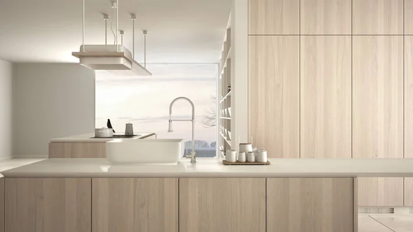 Μινιμαλιστική πολυτέλεια ακριβό λευκό και ξύλινο κουζίνα, νησί, νεροχύτης και εστία αερίου, ανοιχτός χώρος, πανοραμικό παράθυρο, μαρμάρινο κεραμικό δάπεδο, μοντέρνα εσωτερική διακόσμηση αρχιτεκτονικής ιδέα — Φωτογραφία Αρχείου