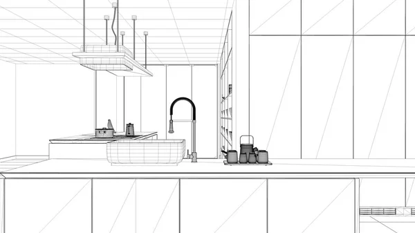 Blueprint projekt tervezet, minimalista luxus drága fehér konyha, sziget, mosogató és főzőlap, nyitott tér, ablak, márvány kerámia padló, modern belsőépítészeti építészet koncepció ötlet — Stock Fotó