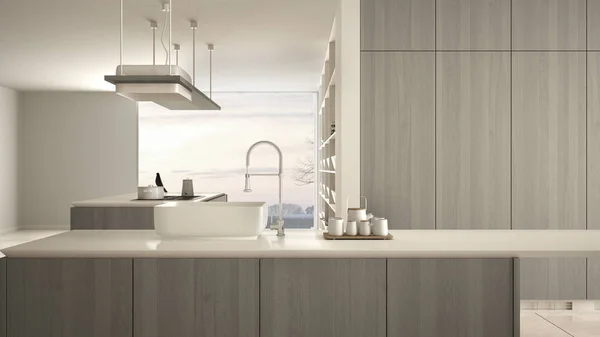 Μινιμαλιστική πολυτέλεια ακριβό λευκό και γκρι ξύλινη κουζίνα, νησί, νεροχύτη και εστία, ανοιχτός χώρος, πανοραμικό παράθυρο, μαρμάρινο κεραμικό δάπεδο, μοντέρνα εσωτερική διακόσμηση αρχιτεκτονικής ιδέα — Φωτογραφία Αρχείου