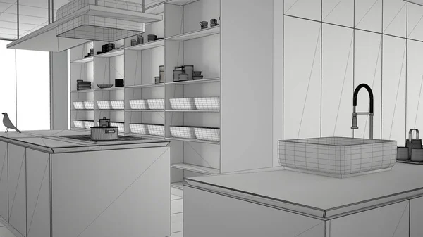 Niedokończony projekt minimalistyczne luksusowe drogie kuchnia, wyspa, umywalka i kuchenka gazowa, otwarta przestrzeń, podłoga ceramiczna, nowoczesny projekt wnętrz koncepcji architektury pomysł — Zdjęcie stockowe