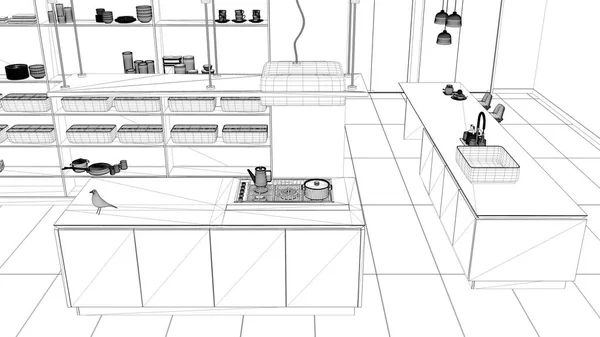 Blauwdruk project Draft, minimalistische luxe dure witte keuken, eiland, gootsteen en kookplaat, open ruimte, modern interieur architectuurconcept idee, Top uitzicht boven — Stockfoto