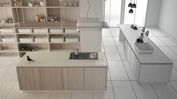 Architect interieur ontwerper concept: onvoltooide project dat wordt echte, minimalistische luxe dure witte en houten keuken, interieur ontwerpconcept idee, plan top uitzicht boven — Stockfoto