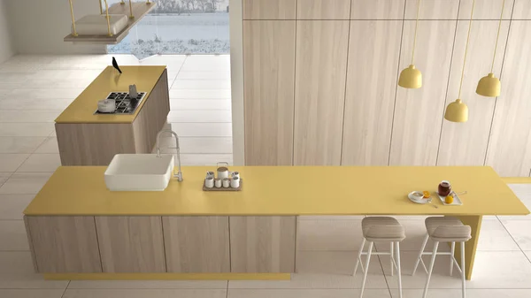 Μινιμαλιστική πολυτελής πολυτελή κίτρινη και ξύλινη κουζίνα, νησί, νεροχύτης και εστία αερίου, ανοιχτός χώρος, μαρμάρινο κεραμικό δάπεδο, σύγχρονη ιδέα αρχιτεκτονικής εσωτερικών χώρων, σχέδιο επάνω όψη πάνω — Φωτογραφία Αρχείου