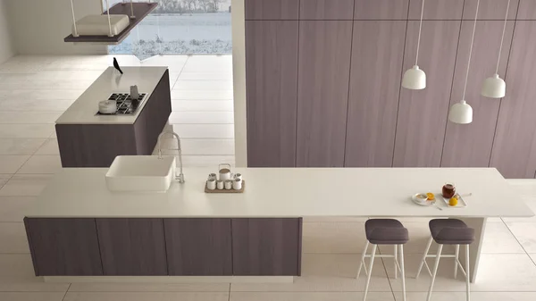 极简主义豪华昂贵的白色和紫色木制厨房，岛屿，水槽和燃气灶，开放空间，大理石陶瓷地板，室内设计建筑概念，平面上视图 — 图库照片