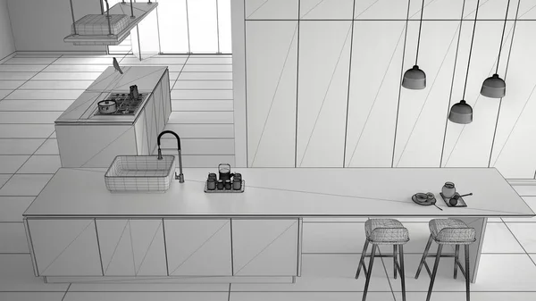 Ημιτελές έργο της μινιμαλιστικής πολυτέλειας ακριβό κουζίνα, νησί, νεροχύτη και εστία αερίου, ανοιχτός χώρος, κεραμικό πάτωμα, μοντέρνα εσωτερική διακόσμηση αρχιτεκτονική ιδέα, σχέδιο επάνω όψη πάνω — Φωτογραφία Αρχείου