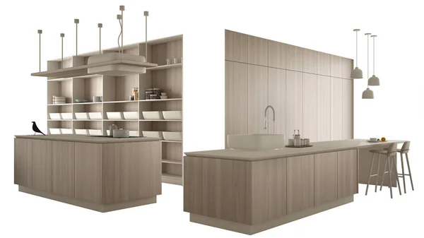 Μοντέρνα κουζίνα λευκή με ξύλινες λεπτομέρειες στο σύγχρονο πολυτελές διαμέρισμα ιδέα διακόσμησης, απομονώνονται σε λευκό φόντο με το διάστημα αντίγραφο, μινιμαλιστικά έπιπλα — Φωτογραφία Αρχείου