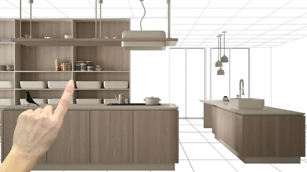 Unfinished project, under construction draft, concept interior design sketch, hand pointing real wooden kitchen with blueprint background, architect and designer idea — Stock Photo, Image