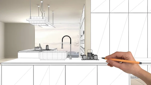 Progetto incompiuto, in fase di progetto di costruzione, bozzetto di design d'interni concetto, disegno a mano schizzo della cucina progetto in background reale, architetto e progettista idea — Foto Stock