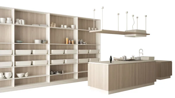 Μοντέρνα κουζίνα λευκή με ξύλινες λεπτομέρειες στο σύγχρονο πολυτελές διαμέρισμα ιδέα διακόσμησης, απομονώνονται σε λευκό φόντο με το διάστημα αντίγραφο, μινιμαλιστικά έπιπλα — Φωτογραφία Αρχείου