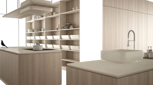 Современная белая кухня с деревянными деталями в современной роскошной квартире, концепция интерьера, изолированная на белом фоне с копировальным пространством, минималистская мебель — стоковое фото