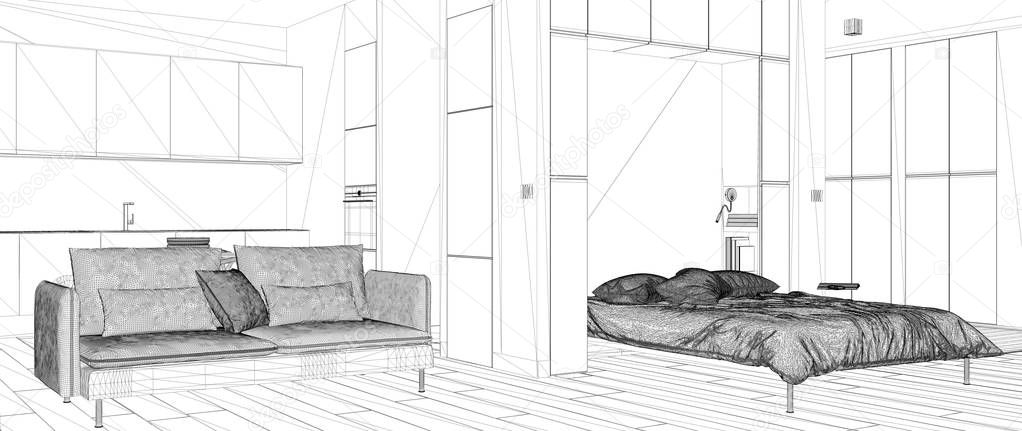 Blueprint project draft, sketch of one room apartment with Murphy wall bed, kitchen, living room with sofa, interior design concept idea, modern apartment with parquet floor