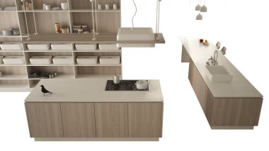 Çağdaş ve lüks daire, iç tasarım konsepti fikir, kopya alanı, minimalist mobilya beyaz zemin üzerine izole ahşap detayları ile modern beyaz mutfak