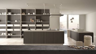 Ahşap masa üstü veya rafta mumlar ve çakıl taşları, zen ruh hali, modern gri ve ahşap mutfak, ada ve tabure, parke döşeme, beyaz iç mimari tasarım