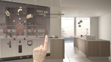 Akıllı ev kontrol kavramı, mobil uygulama bulanık arka plan gösteren modern beyaz ve ahşap modern mutfak, mimari iç tasarım dijital arabirimi denetleme el