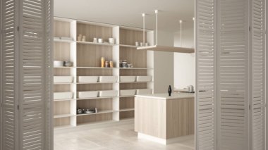 Beyaz katlanır kapı ahşap detayları ve parke zemin, beyaz iç tasarım, mimar tasarımcı kavramı, modern beyaz mutfak üzerinde açma arka plan bulanıklık