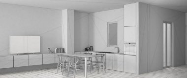 Yemek masası ve parke zemin, fırın lavabo ve gaz sobası, modern çağdaş daire, panoramik görünüm, iç tasarım konsepti ile minimalist beyaz mutfak bitmemiş proje