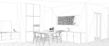 Plan proje taslağı, yemek masası ve parke zemin, şerit pencere, iç tasarım konsept fikri, parke zemin ile modern daire ile minimalist beyaz mutfak kroki